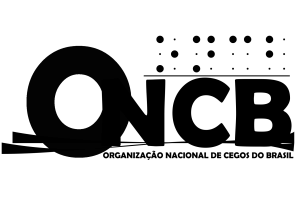 Logotipo todo preto com as letras ONCB. Acima da sigla, as mesmas letras estão representadas em braille. Abaixo da sigla, há duas linhas finas. Abaixo destas linhas, está escrito Organização Nacional de Cegos do Brasil.