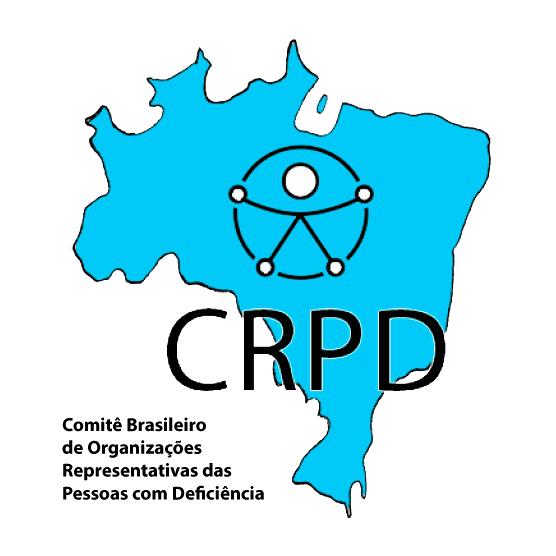 Logo do Comitê Brasileiro de Organizações Representativas das Pessoas com Deficiência. Há um mapa do Brasil azul com a sigla CRPD e um boneco ilustrado. Abaixo, o nome do Comitê.
