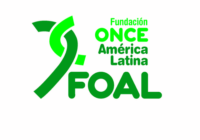 Logo da Fundación ONCE América Latina. Ao lado do nome da fundação, uma ilustração de duas curvas se entrelaçando. Abaixo, a sigla FOAL.