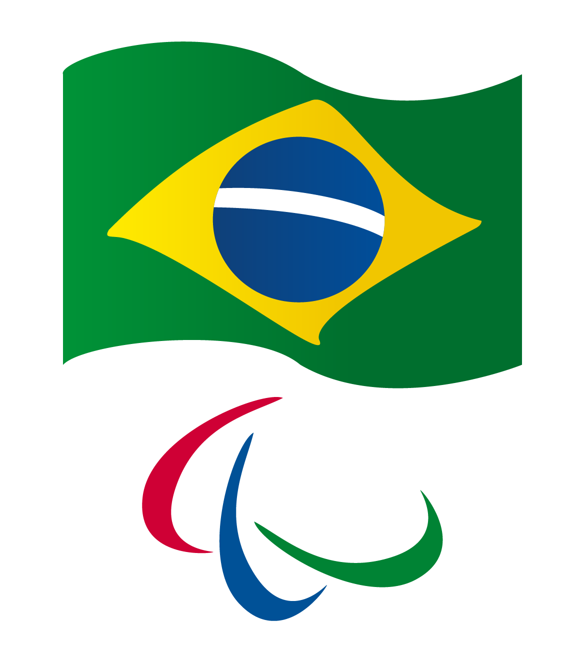 Logo do Comitê Paralímpico Brasileiro. Acima, a bandeira do Brasil. Abaixo, as três curvas que simbolizam o Comitê.