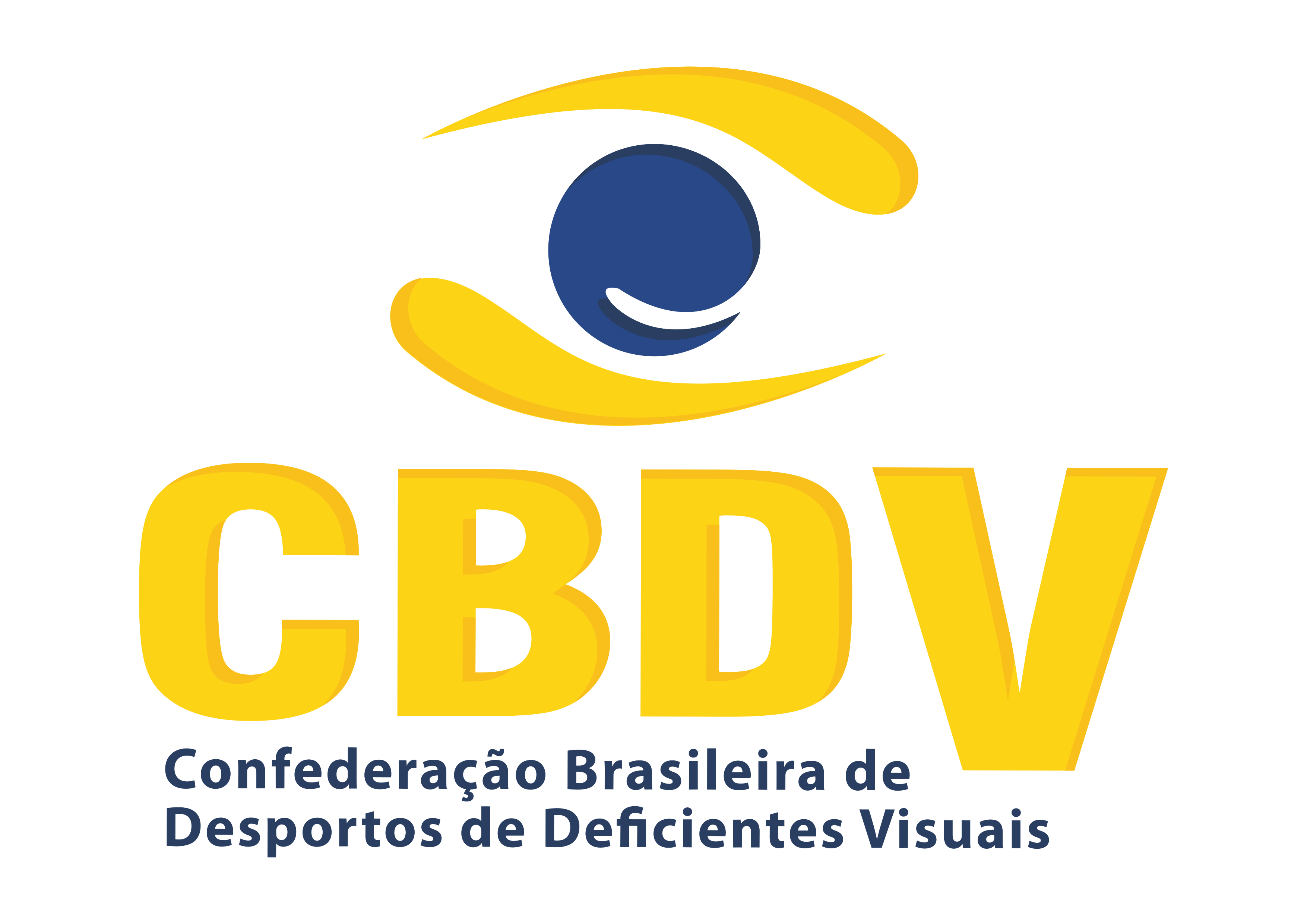 Logo da Confederação Brasileira de Desportos de Deficientes Visuais. Acima, uma ilustração amarela e azul de um olho. Abaixo, a sigla e o nome da Confederação.